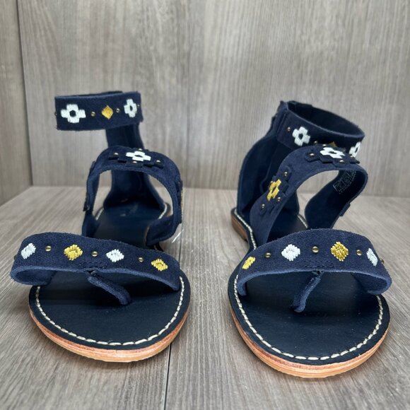 Soludos Embroidered Three Banded Flat Sandals Womens 8 Ankle Zip Suede Navy Blue - Picture 4 of 10